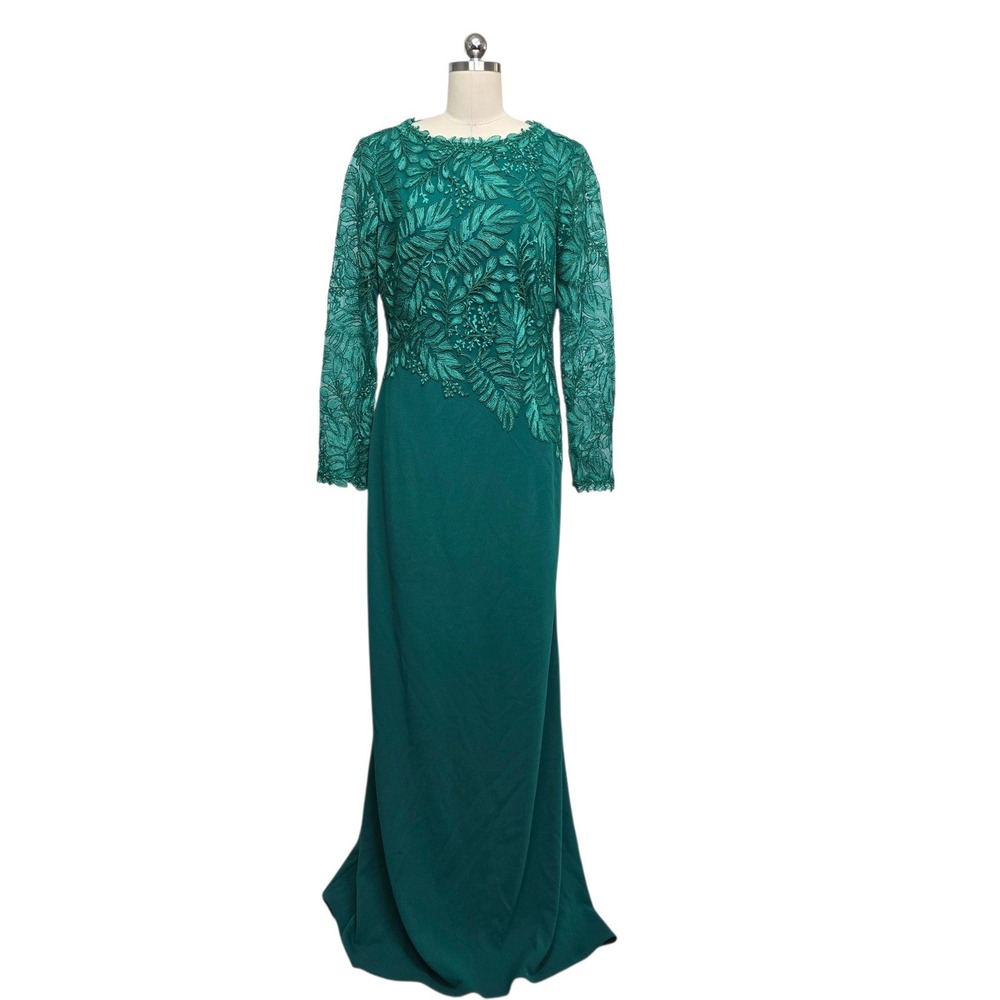 Tadashi Shoji Emerald Green Embroidered Beaded Long Sleeve Gown Dress Size 12
